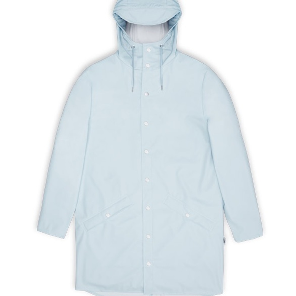 Rains Sky Blue Long Rain Jacket Sz L Waterproof Raincoat - Picture 2 of 3